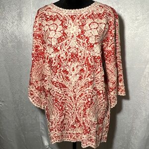 Solitaire Red Orange White Embroidered Boho Tunic Top Artisan Rayon Medium NWT